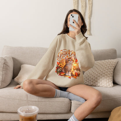 Sand crewneck sweatshirt with Golden Moments fall kitten, pumpkin and autumn floral design
