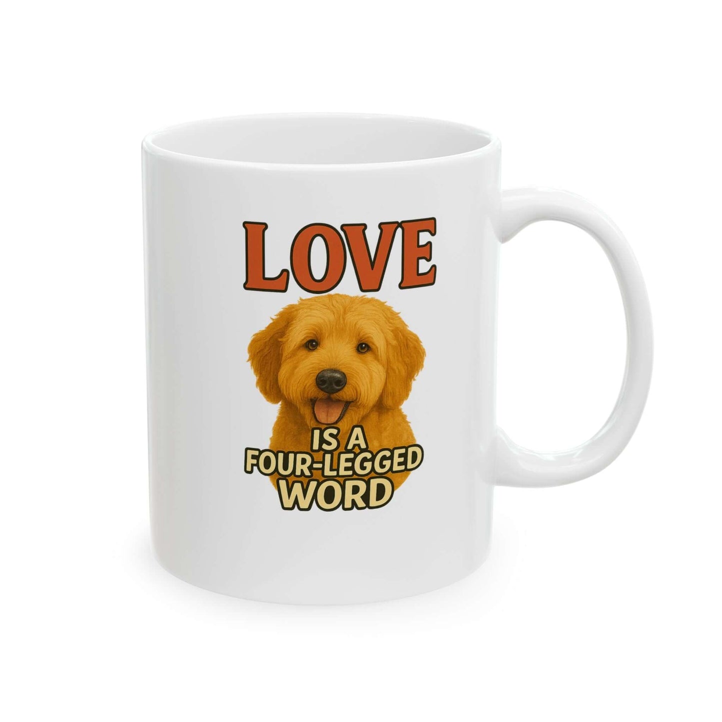 Goldendoodle Coffee Mug-“Love Is a Four-Legged Word” for pet lovers, ideal pet supplies for dog parents.