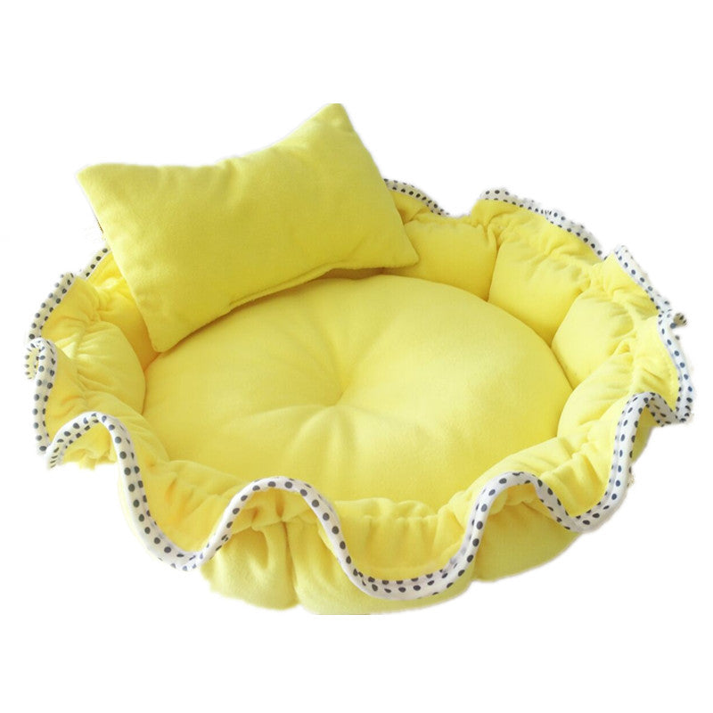 Yellow pet bed with a pillow on a white background