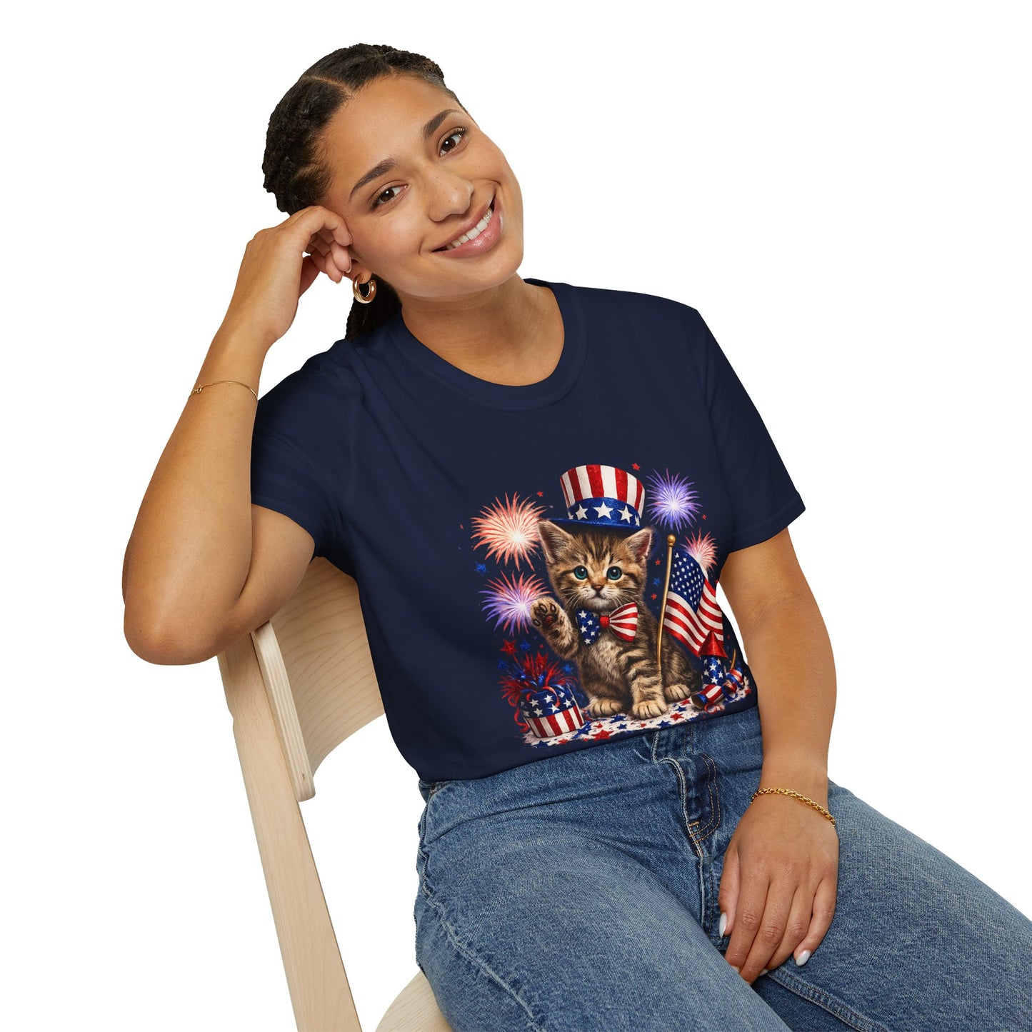 Woman wearing a navy blue t-shirt with 'Iron Foe' graphic design.