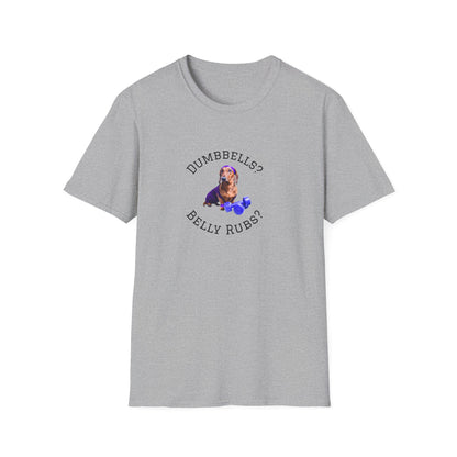 Gray t-shirt with a graphic of a dog and text 'DUMBBELLS? BELLY RUBS?' on a white background