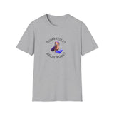 Gray t-shirt with a graphic of a dog and text 'DUMBBELLS? BELLY RUBS?' on a white background