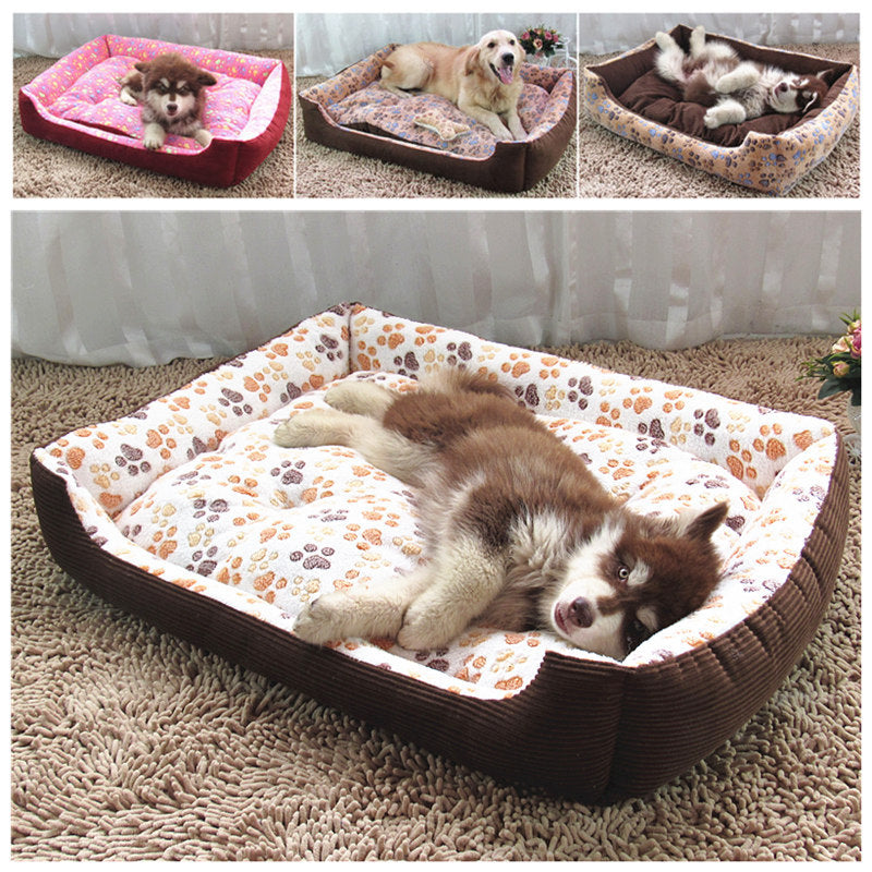 Dog lying on a patterned pet bed with multiple views of the same product.