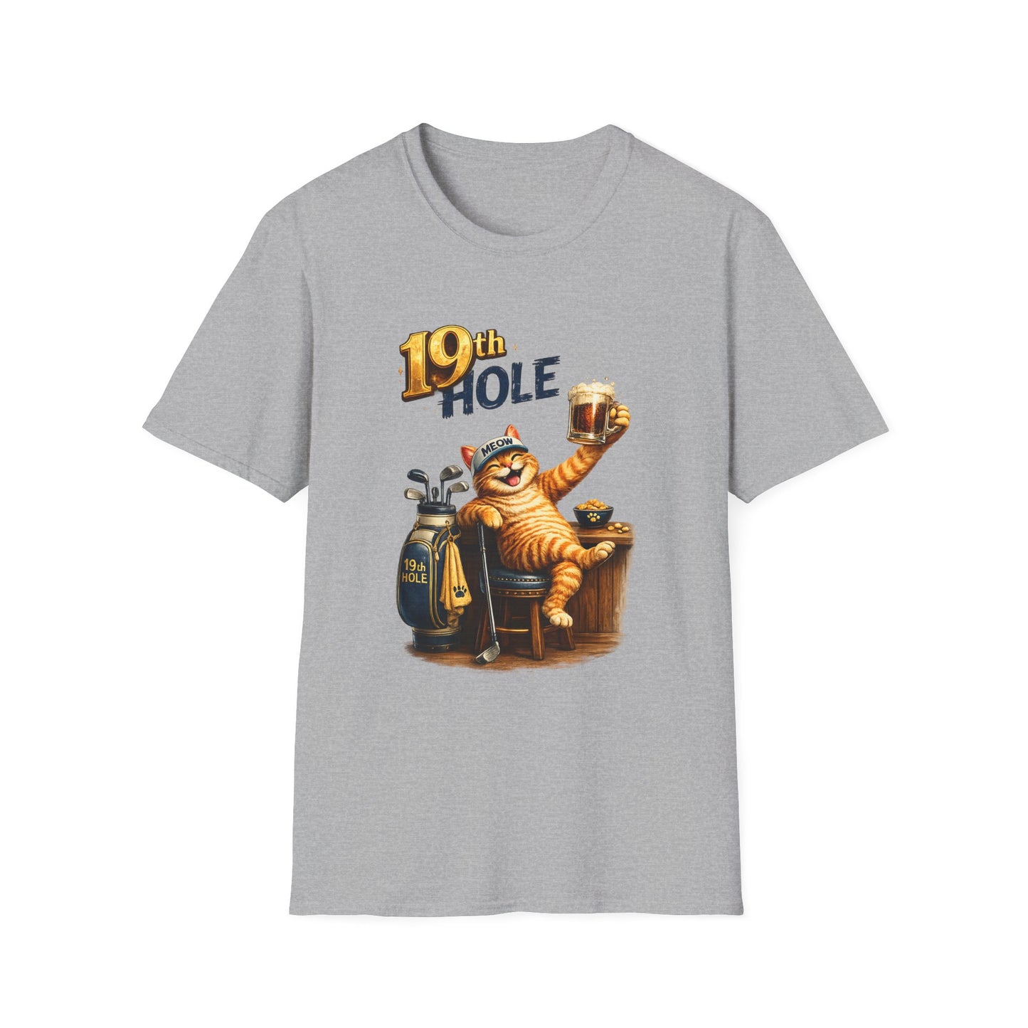 19th Hole funny cat golf T-shirt in sport grey with orange tabby golfer