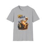 19th Hole funny cat golf T-shirt in sport grey with orange tabby golfer