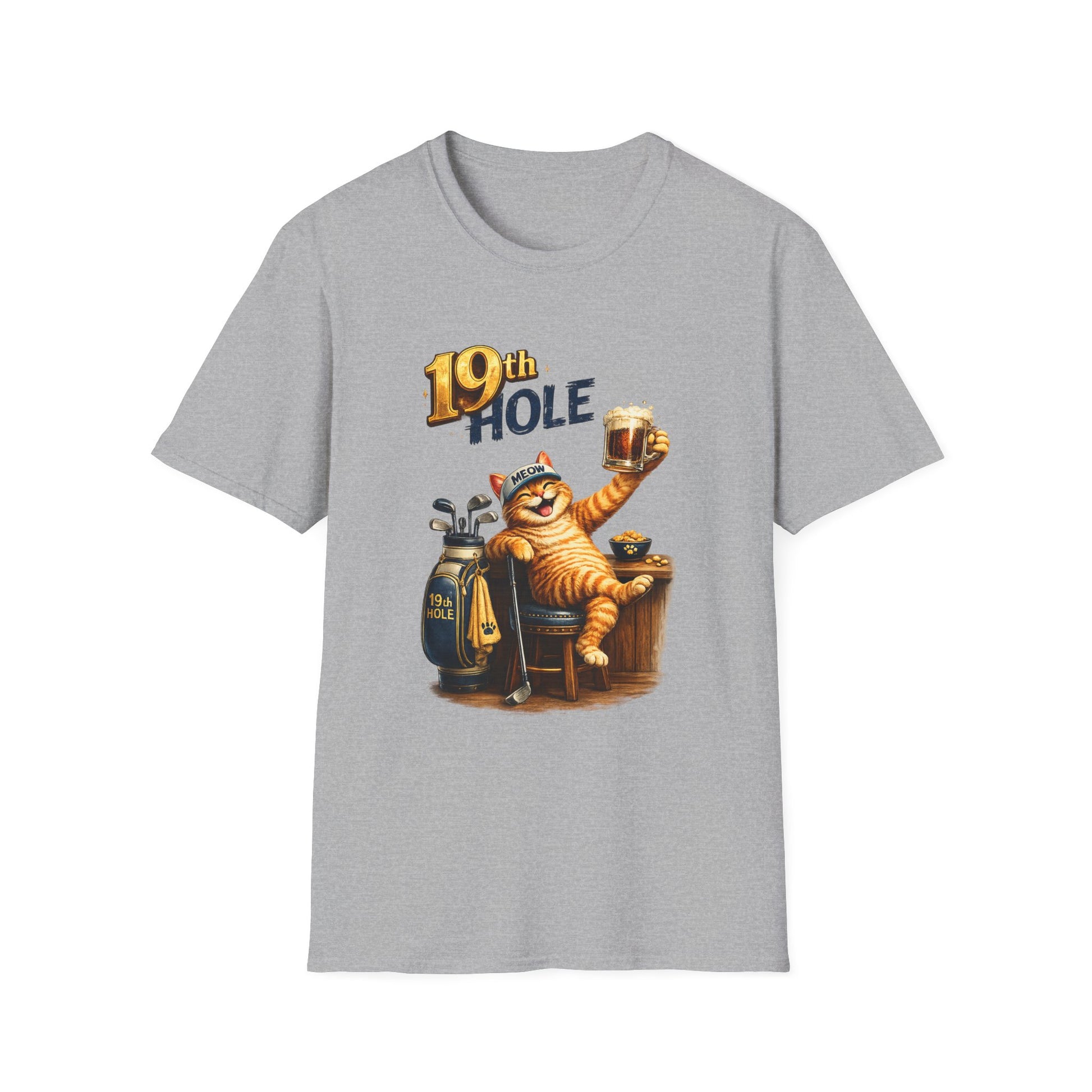 19th Hole funny cat golf T-shirt in sport grey with orange tabby golfer