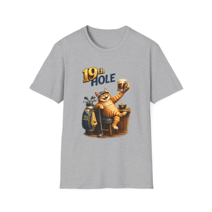 19th Hole funny cat golf T-shirt in sport grey with orange tabby golfer