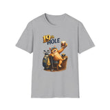 19th Hole funny cat golf T-shirt in sport grey with orange tabby golfer