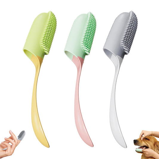 Three pet grooming brushes in different colors with a dog being groomed in the corner.