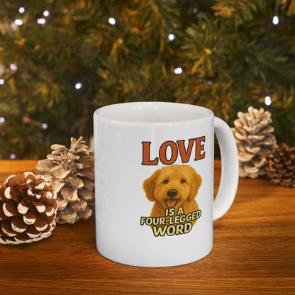 Goldendoodle Coffee Mug-“Love Is a Four-Legged Word” featuring adorable dog design, perfect for pet lovers.