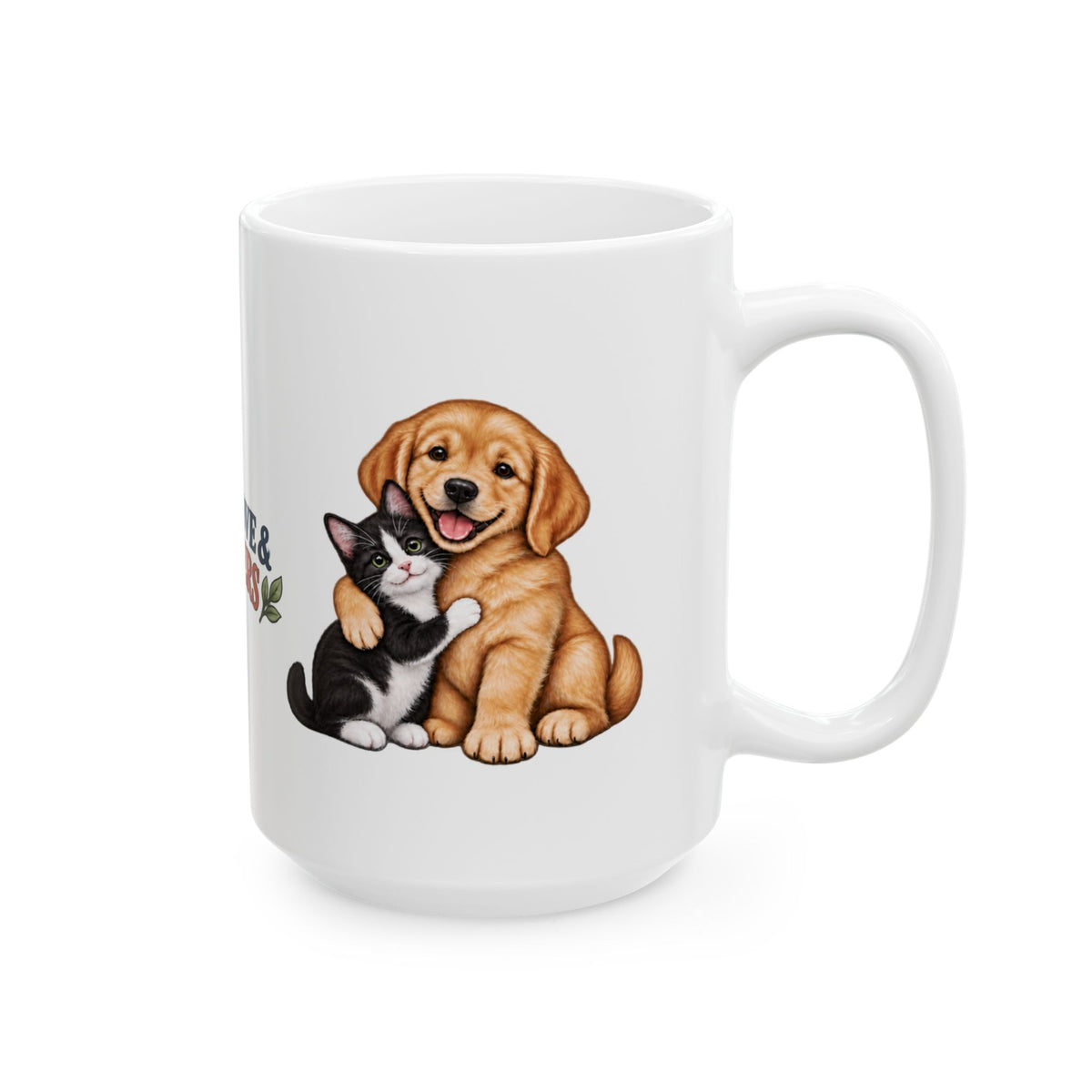 Hugs Love and Prayers puppy kitten coffee mug lifestyle image