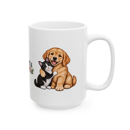 Hugs Love and Prayers puppy kitten coffee mug lifestyle image