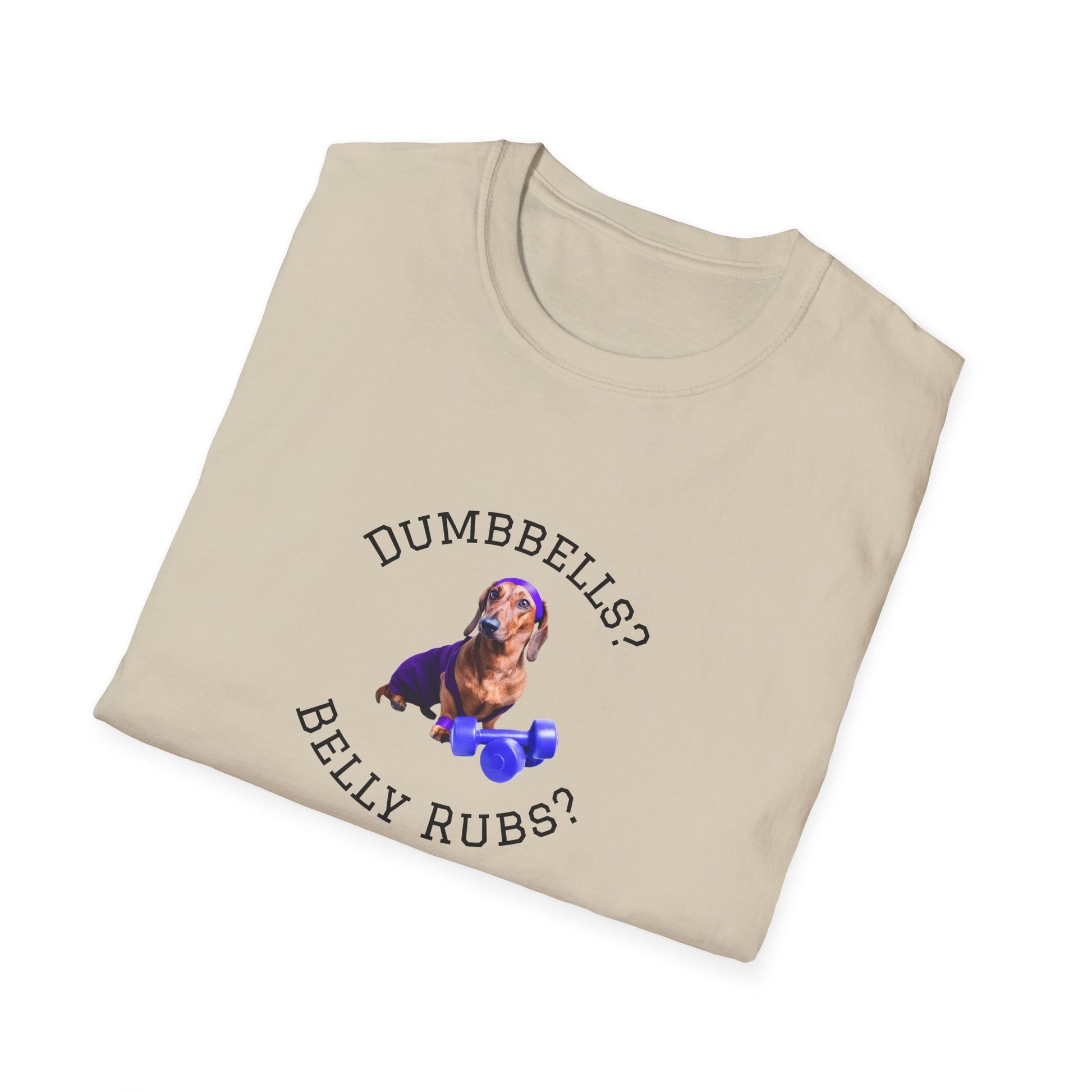 Beige t-shirt with a dachshund graphic and text on a white background