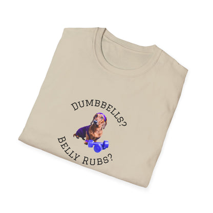 Beige t-shirt with a dachshund graphic and text on a white background