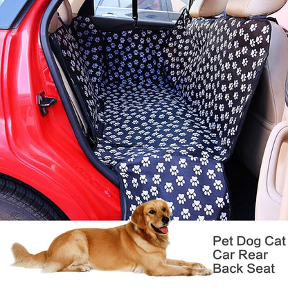 Pet car seat cover with paw pattern on a car seat, accompanied by a dog.
