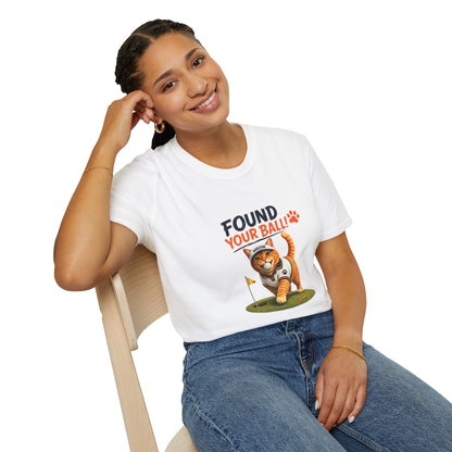Found Your Ball funny cat golf T-shirt with orange tabby carrying a golf ball- white