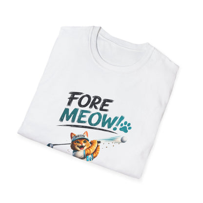 A folded white short-sleeve t-shirt with a graphic print on the front. The graphic features the text 'FORE MEOW!' in black and teal lettering, accompanied by a cartoon orange tabby cat wearing a blue headband and holding a golf club, with a teal paw print.
