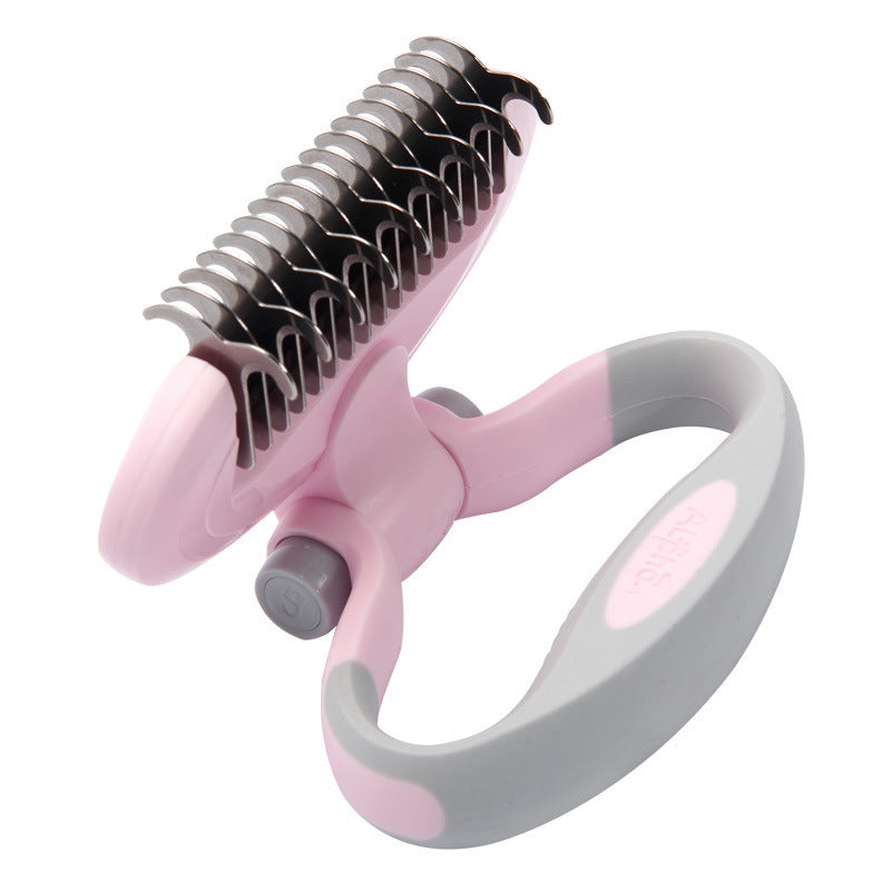 Pet grooming tool with pink and gray design on a white background