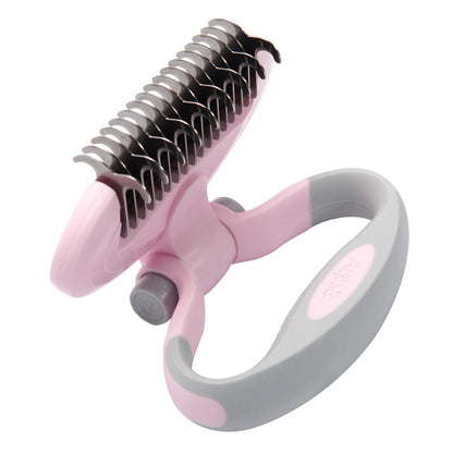 Pet grooming tool with pink and gray design on a white background