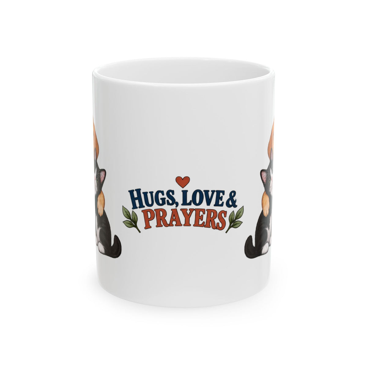 Puppy and kitten pet lover mug with Hugs Love and Prayers design