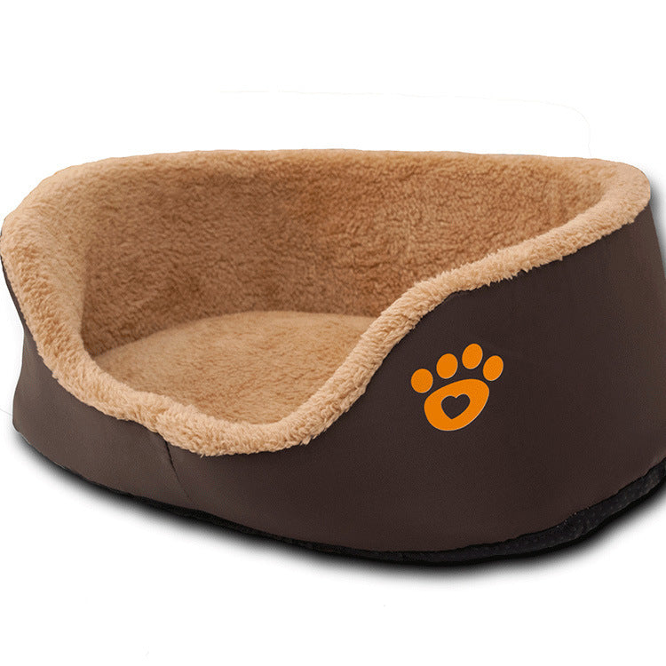 Brown pet bed with beige interior and a paw print logo on a white background