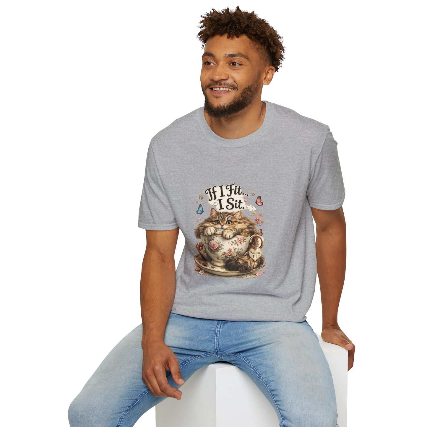 If I Fit... I Sit.™ Coffee Cup Cat Shirt | Funny Coffee Lover Kitty Tee | Cute Cat Lover Gift