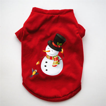 Red Christmas fleece pet costume with Snowman design, shown from the  back 