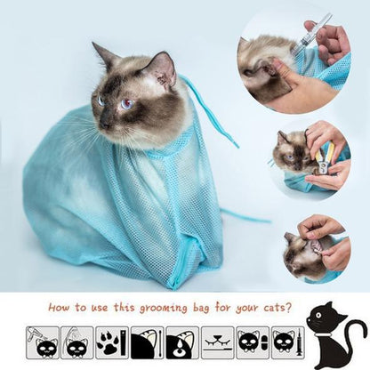 Cat in a blue mesh grooming bag with step-by-step instructions on how to use it for pet care.