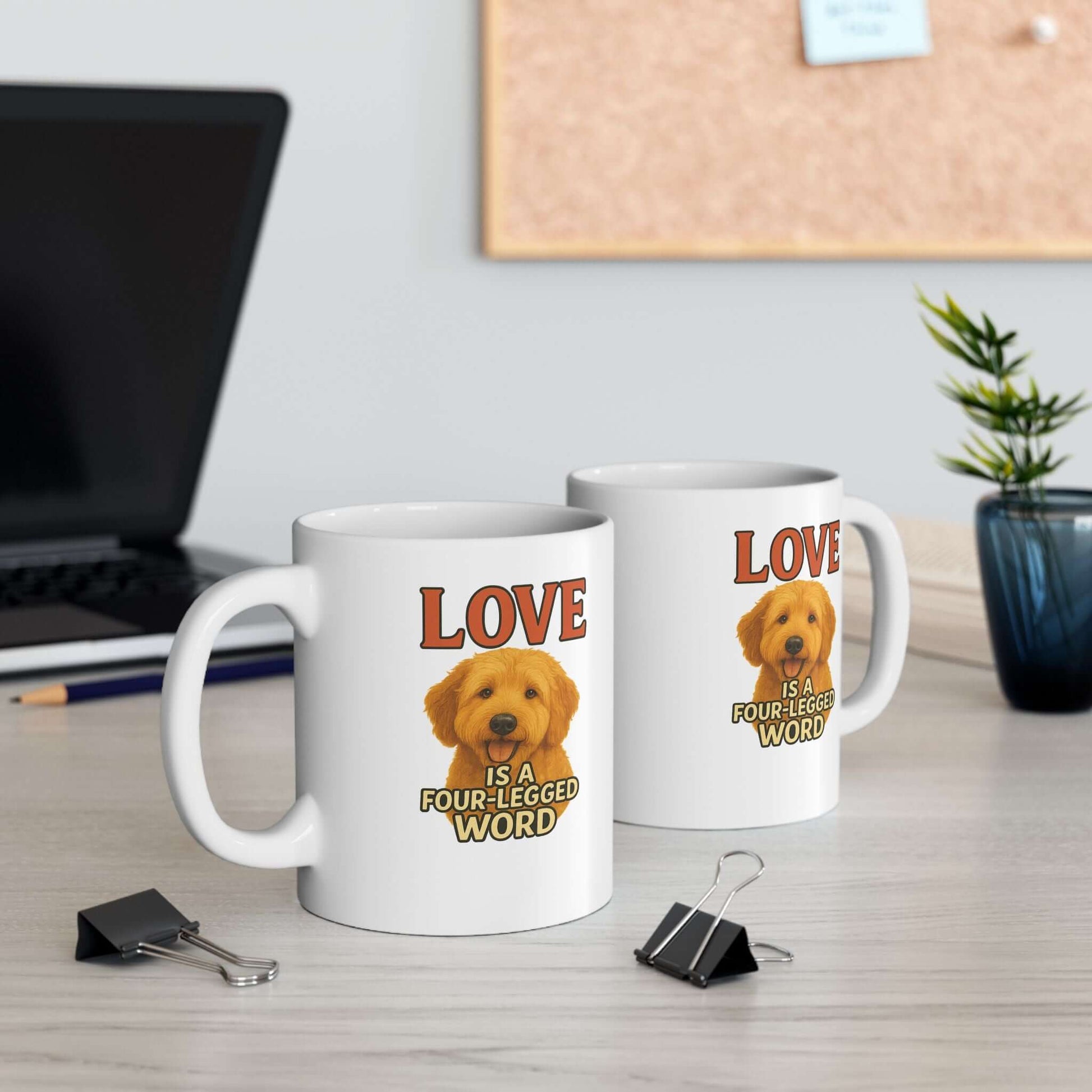 Goldendoodle Coffee Mug-"Love Is a Four-Legged Word" featuring a cute dog, perfect for pet lovers.