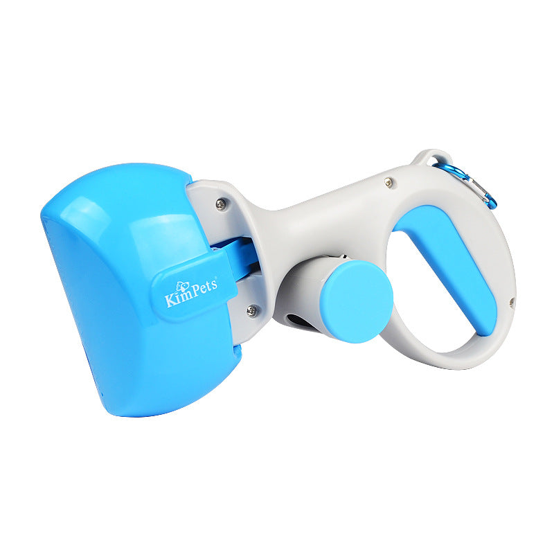 Blue and white dog retractable leash on a white background