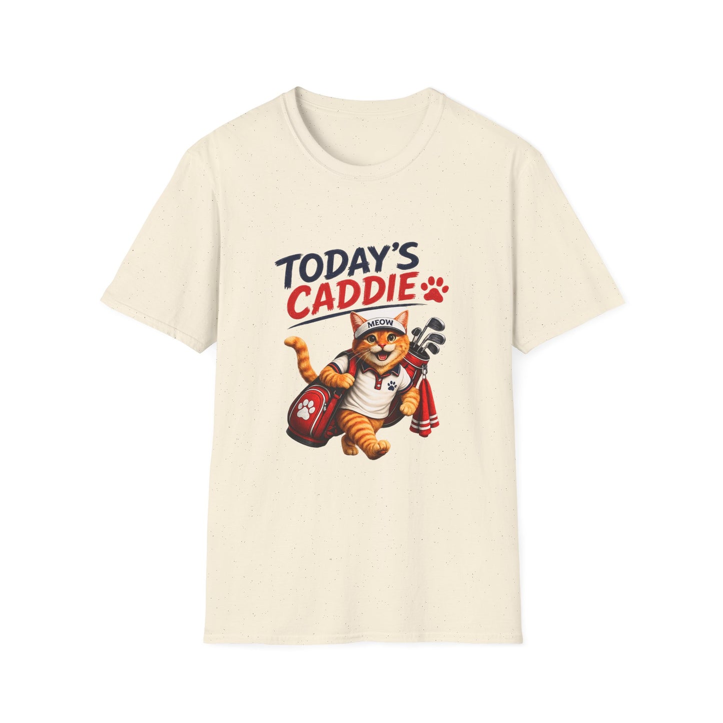 A natural short-sleeve crewneck t-shirt featuring a cartoon graphic of an orange tabby cat wearing a cap and holding golf clubs, with the text 'TODAY'S CADDIE' 