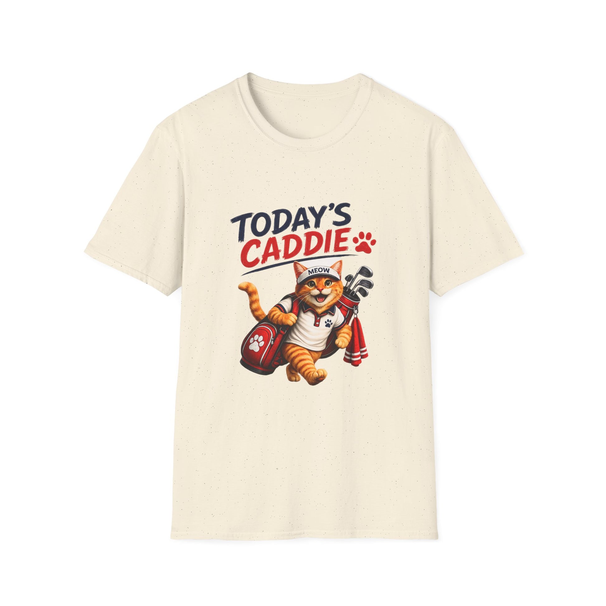 A natural short-sleeve crewneck t-shirt featuring a cartoon graphic of an orange tabby cat wearing a cap and holding golf clubs, with the text 'TODAY'S CADDIE' 