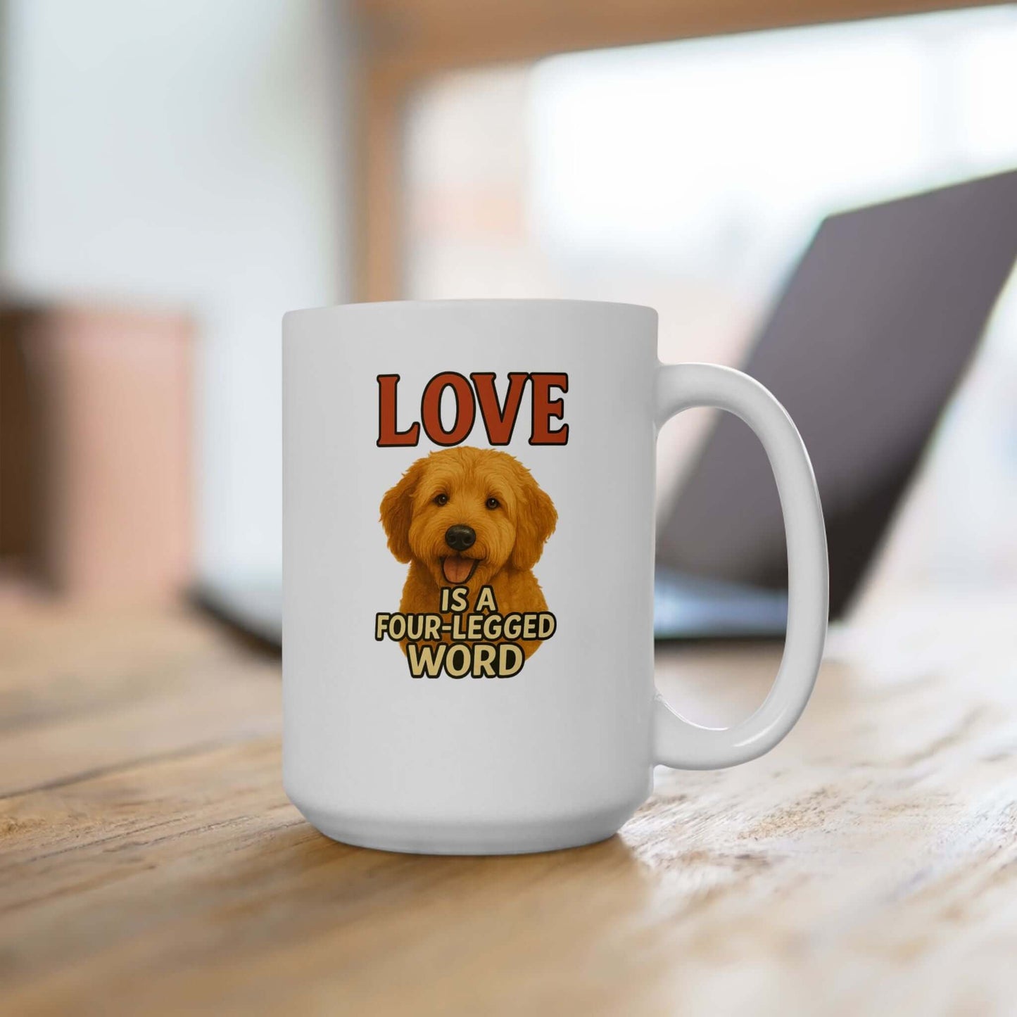 Goldendoodle Coffee Mug-“Love Is a Four-Legged Word” for dog lovers, ideal pet supplies and accessories.