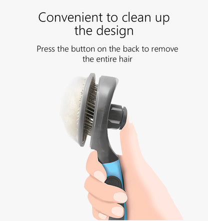 Hand holding a grooming brush with text on a white background