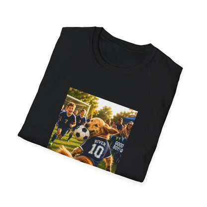 A black short-sleeve t-shirt with a custom rectangular graphic print on the front, featuring a golden retriever dog playing soccer with children on a grassy field. The shirt is displayed on a clean white background.