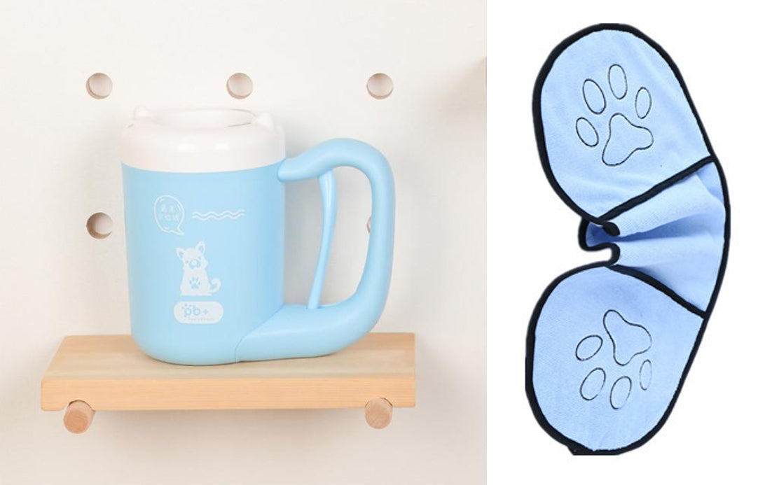 Blue mug with paw print design on a wooden shelf and matching blue paw print design on a white background.