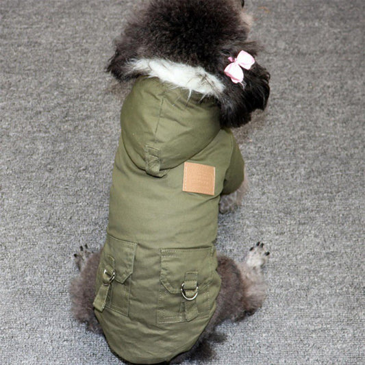 Dog wearing a green winter coat with fur-lined hood on a gray carpet.