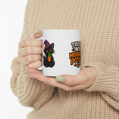 This Is My Morning Potion Halloween cat mug with black witch cat... Black cat wearing a purple witch hat on white Halloween coffee mug