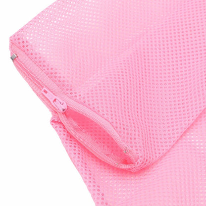 Close-up of a pink mesh bag with a zipper on a white background