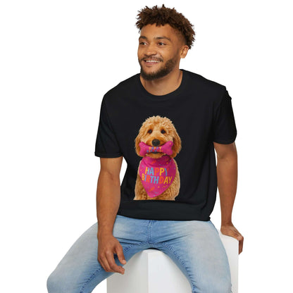 Birthday Dog T-Shirt featuring a doodle pup with a birthday gift, great for celebrating pets' birthdays.