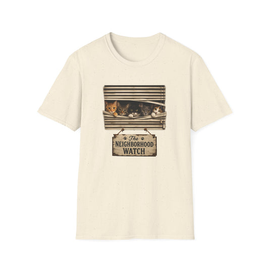 An off-white short-sleeve crewneck t-shirt featuring a graphic print of three cats sleeping in a window with a hanging sign that reads 'The Neighborhood Watch'.