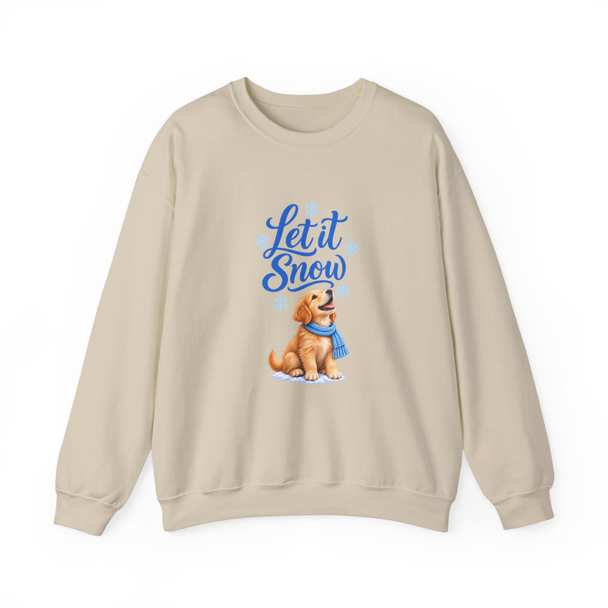 Sand Let It Snow sweatshirt featuring a golden retriever puppy in a blue scarf beneath blue script and snowflakes.