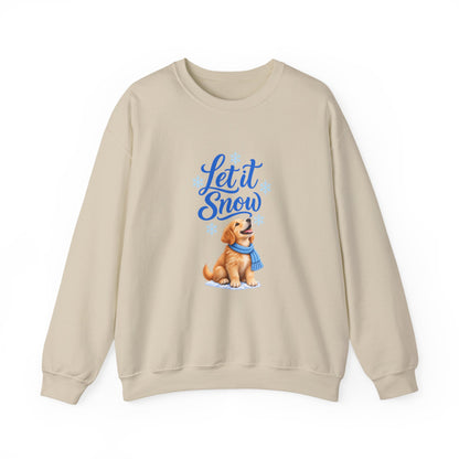 Sand Let It Snow sweatshirt featuring a golden retriever puppy in a blue scarf beneath blue script and snowflakes.