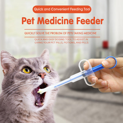 Pet medicine feeder being used on a cat with text highlighting its convenience.