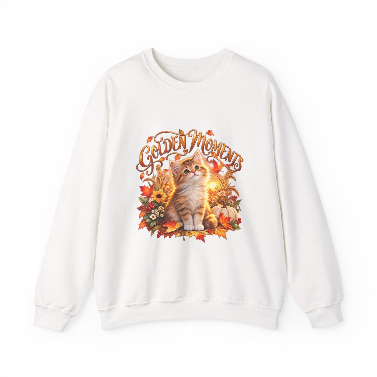 White crewneck sweatshirt featuring a Golden Moments orange kitten and colorful fall harvest design
