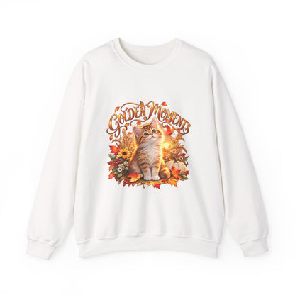 White crewneck sweatshirt featuring a Golden Moments orange kitten and colorful fall harvest design
