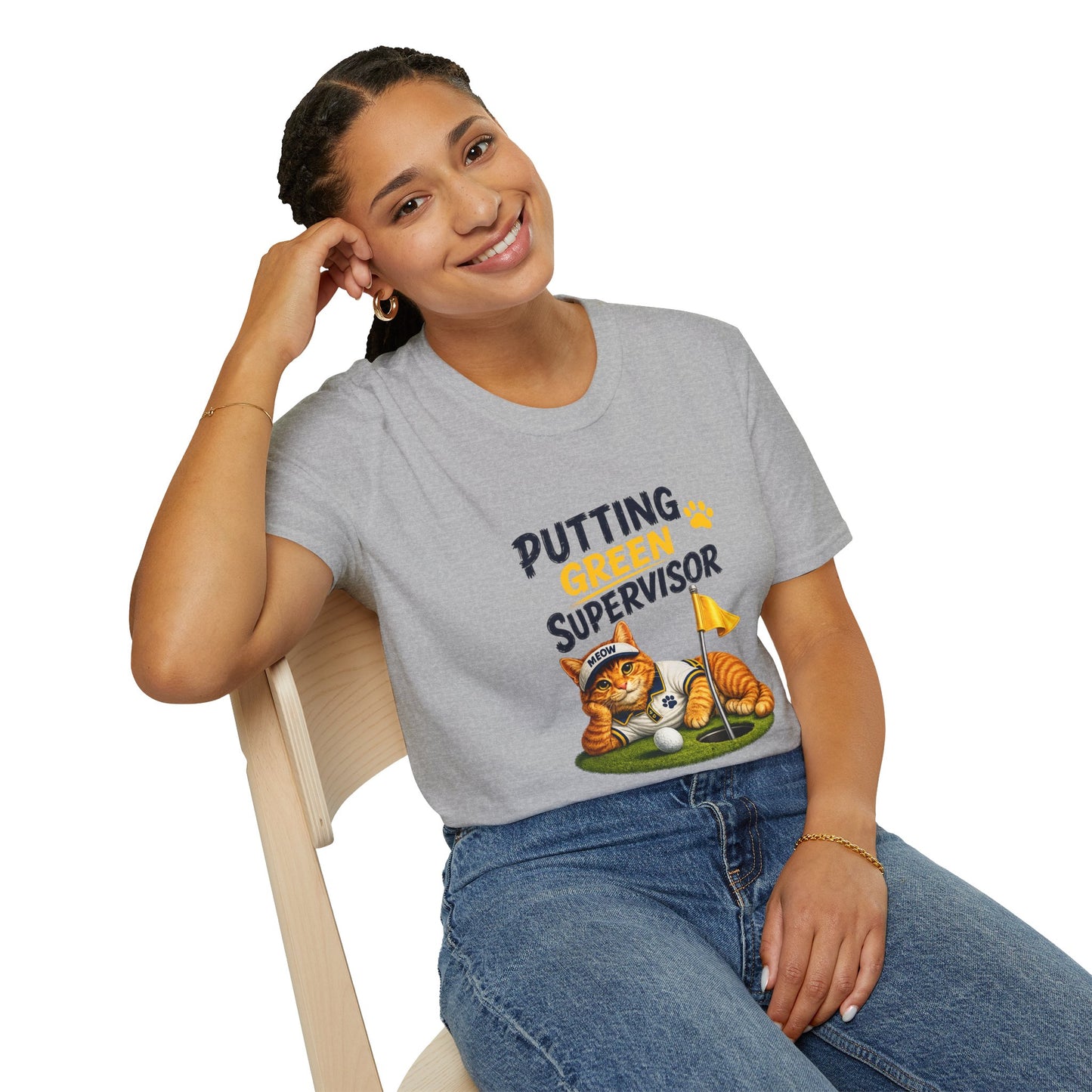 Putting Green Supervisor funny cat golf T-shirt with orange tabby beside golf hole- sport grey