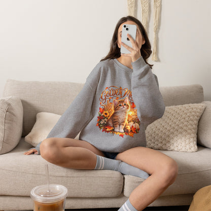 Close-up of Golden Moments orange-and-white kitten artwork printed on a fall crewneck sweatshirt
