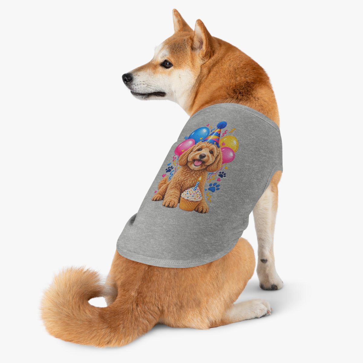 Heather dog birthday shirt with puppy and balloon design