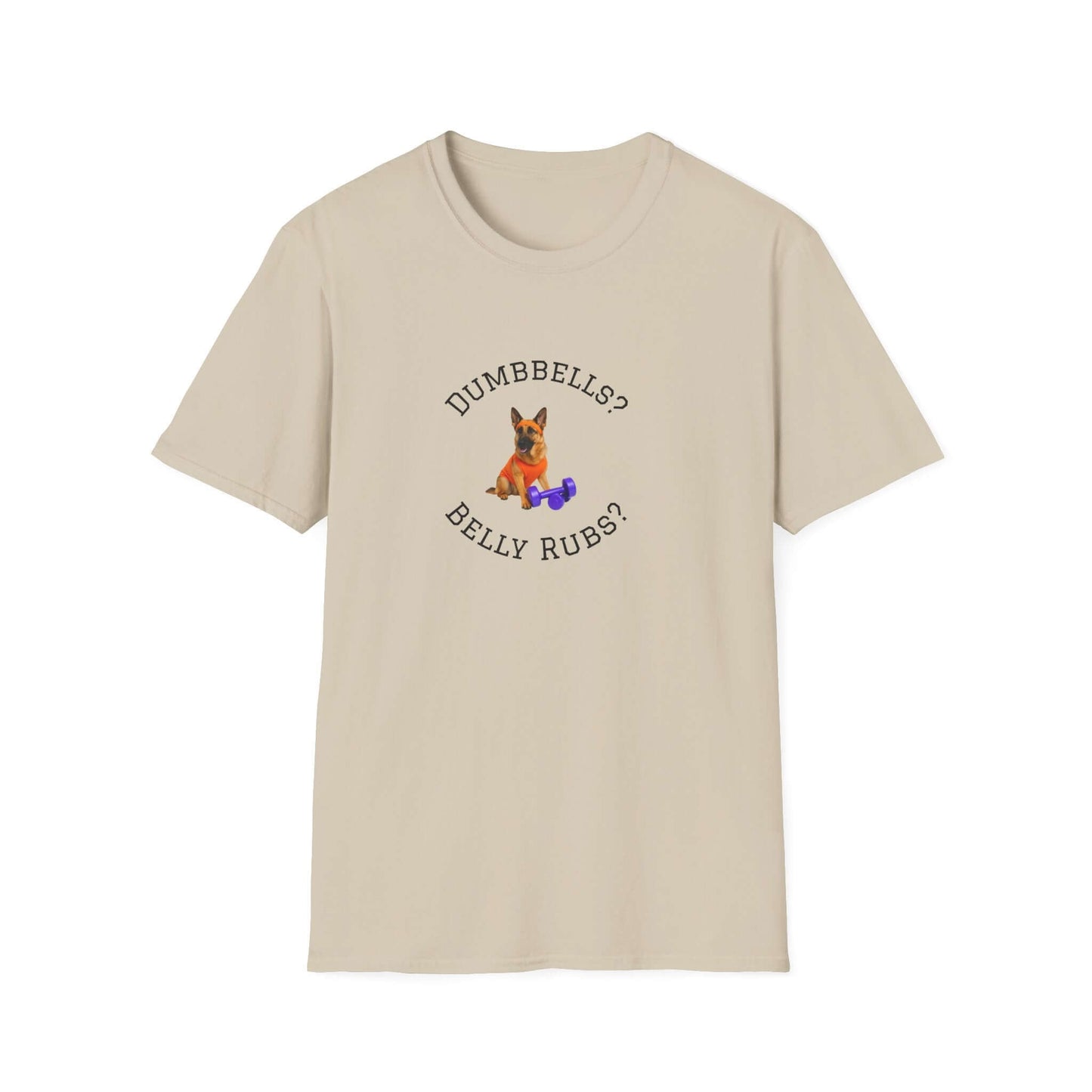 German Shepard Dog Lover Workout Tee –“Belly Rubs or Dumbbells?” showcasing a cute pup and weights design.